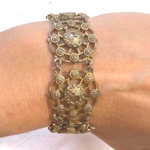 Vintage Gold Tone Filigree Mandala Charm Bracelet Rhinestone Accent 1950s
